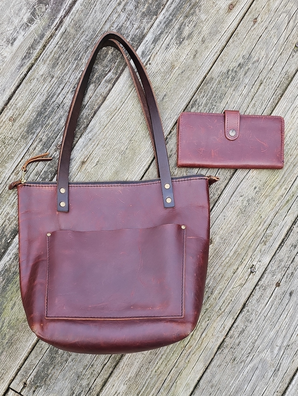 Portland Leather Goods Tote And Wallet,Cognac,Zippered,EUC